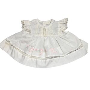 Vintage White Baby Dress 0-3 Months Lace Trim Pink Cat Embroidery Ruffle Sleeve